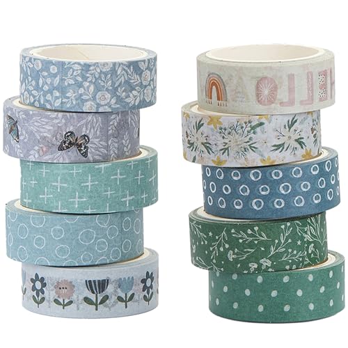 YUBX 10 Rollen Boho Washi Tape Set, Masking Tape Grafisches Blumenmuster Dekoratives Klebeband Bunt für DIY Handwerk, Verschönert Journals, Planer, Scrapbooking und Verpackung (Cool) von YUBX