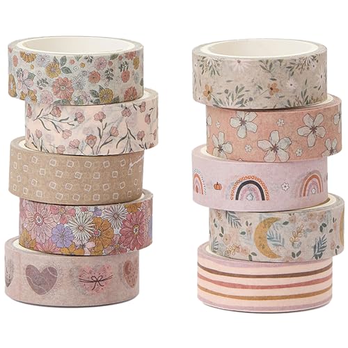 YUBX 10 Rollen Boho Washi Tape Set, Masking Tape Grafisches Blumenmuster Dekoratives Klebeband Bunt für DIY Handwerk, Verschönert Journals, Planer, Scrapbooking und Verpackung (Warm) von YUBX