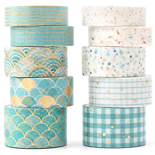 YUBX 10 Rollen Washi Tape Set, Masking Tape, Goldfolie dekorative Klebebänder, Klebeband Bunt für Kunst, DIY Handwerk, Tagebuch, Hobel, Sammelalbum, Verpackung (Bronzing Blues) von YUBX