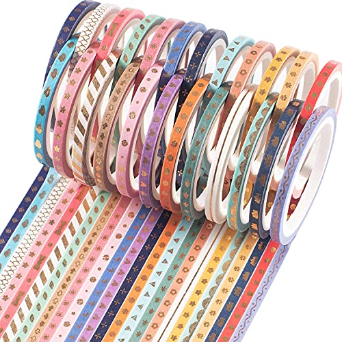 YUBX 24 Rollen Dünn Gold Washi Tape Set Masking Tape VSCO Folie Dekoratives Klebeband Bunt für DIY Handwerk Bullet Journals Planer Scrapbooking Verpackung 3mm Breite (Skinny 24) von YUBX