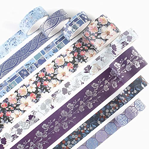 YUBX 8 Rollen Eleganz Blau Washi Tape Set, Masking Tape, dekorative Klebebänder, Klebeband Bunt für Kunst, DIY Handwerk, Tagebuch, Hobel, Sammelalbum, Verpackung von YUBX