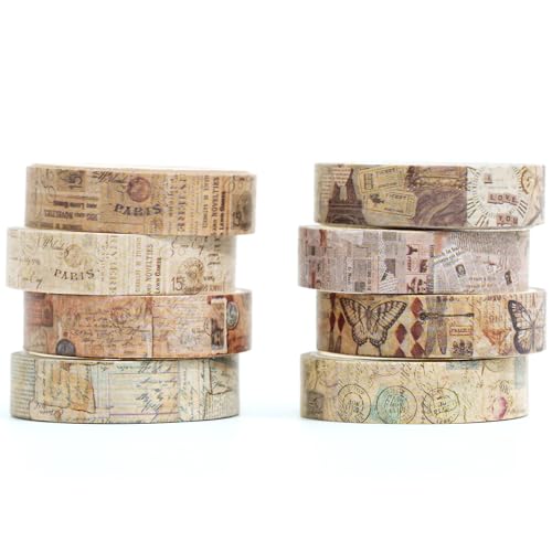 YUBX 8 Rollen Weinlese Washi Tape Set, Retro Masking Tape Dekoratives Klebeband Bunt für DIY Handwerk, Verschönert Journals, Planer, Scrapbooking und Verpackung (Junk Books) von YUBX