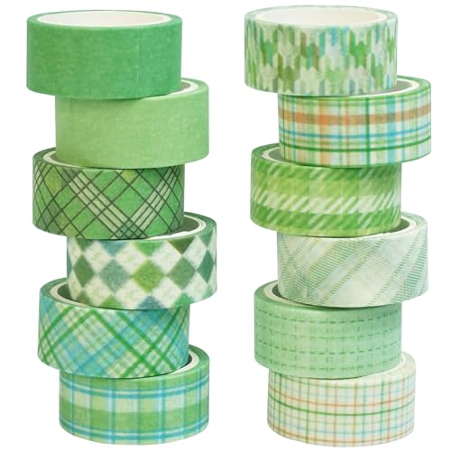 YUBX Gitter Washi Tape Set 12 Rollen Schottenstoff Masking Tape Dekorative Klebeband Bunt für Bullet Journals, Planer, Scrapbooking, Geschenkverpackung, DIY Crafts (Green) von YUBX