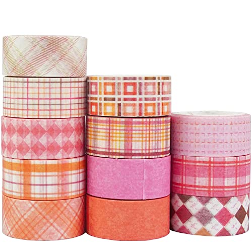 YUBX Gitter Washi Tape Set 12 Rollen Schottenstoff Masking Tape Dekorative Klebeband Bunt für Bullet Journals, Planer, Scrapbooking, Geschenkverpackung, DIY Crafts (Pink) von YUBX