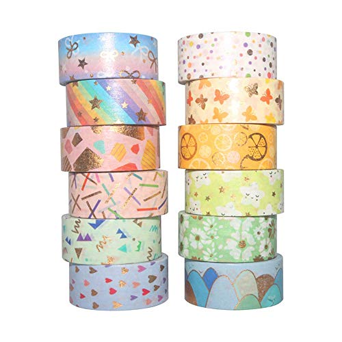 YUBX 12 Rollen Washi Tape, Masking Tape Set Goldfolie Blume Dekoratives Klebeband Bunt für DIY Handwerk Bullet Journals Planer Scrapbooking Verpackung von YUBX