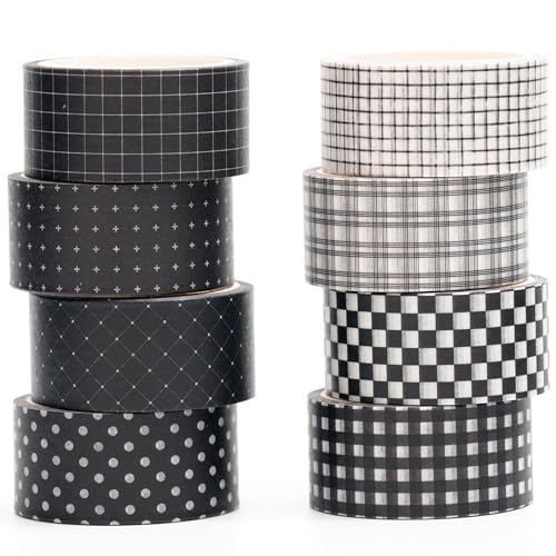 YUBX Schwarz Gitter Washi Tape Set 8 Rollen Schottenstoff Dekoratives Klebeband Bunt für Scrapbooking, Bullet Tagebuch, Planer, Geschenkverpackung von YUBX