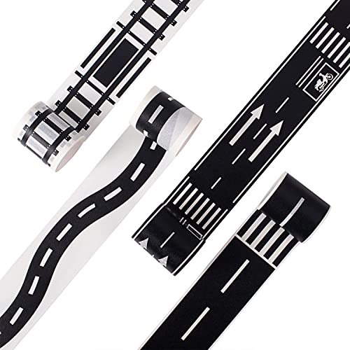 YUBX Züge Eisenbahnen Straße Washi Tape Set Masking Tape 4 Rollen schwarz & weiß dekorative Klebeband Bunt für Kunst, DIY Handwerk, Bullet Journals, Planer, Scrapbooking, Verpackungen von YUBX