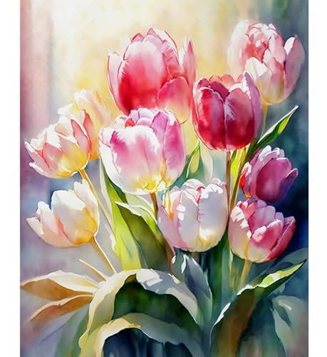 YUCCAORCHID Malen Nach Zahlen Erwachsene Landschafts Faltenfreie Leinwand mit Pinseln Acrylpigment DIY Ölgemälde Leinwand Set 40 × 50 cm（Rahmenlos）-Tulpen von YUCCAORCHID