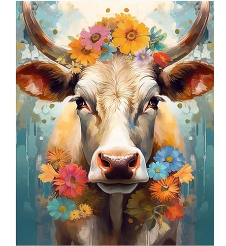 YUCCAORCHID Malen Nach Zahlen Erwachsene Tiere Faltenfreie Leinwand mit Pinseln Acrylpigment DIY Ölgemälde Leinwand Set 40 × 50 cm（Rahmenlos）-Niedliche Kuh von YUCCAORCHID