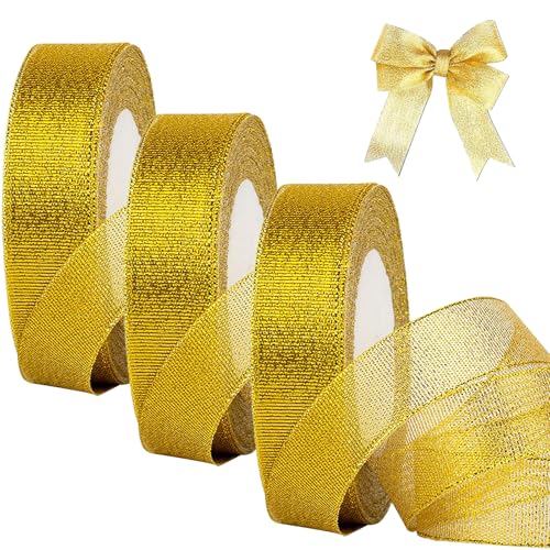 YUDANSI 3PC Deko Band Für Geschenkverpackung, 2.0 cm x 69 meters Breit Geschenkband, Gold Schleifenband Für Weihnachten Hochzeit Taufe Geburtstag Neujahr, Geschenkbänder Für Heimwerkerkunst Handwerk von YUDANSI