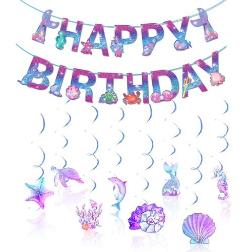 Meerjungfrau Geburtstag Deko, Iridescent Mermaid Garland Holographic Papier Streamer Mermaid Unterwasserwelt Kindergeburtstag Happy Birthday Banner Girlande Geburtstagsdeko von YUDAWN