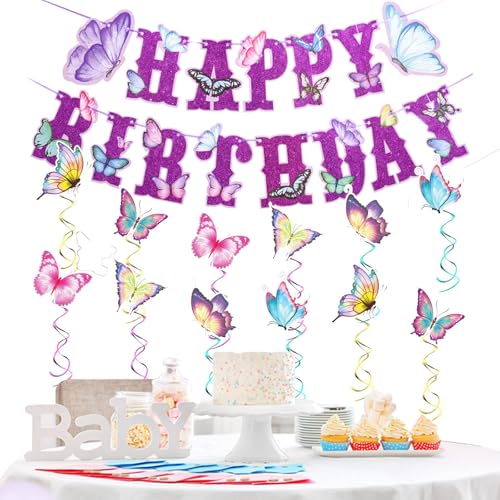 Schmetterlings-Geburtstagsdekorationen, 13 Stück, Schmetterlings-Thema, hängende Wirbel, Happy Birthday-Banner, Schmetterlings-Geburtstags-Banner, Party-Dekoration für Frauen und Mädchen Schmetterlings-Geburtstagsdekorationen, 13 Stück, Schmetterlings-Thema, hängende Wirbel, Happy Birthday-Banner, Schmetterlings-Geburtstags-Banner, Party-Dekoration für Frauen und Mädchen von YUDAWN