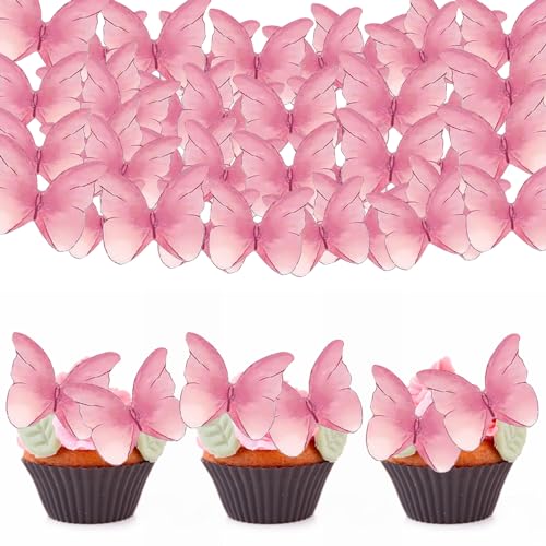 Tortendeko Schmetterling, 48 Stück Essbare Schmetterlinge Deko Torte Kuchen Dekorationen Esspapier Cupcake Topper Muffin Deko für Hochzeit Geburtstag (Rosa) von YUDAWN