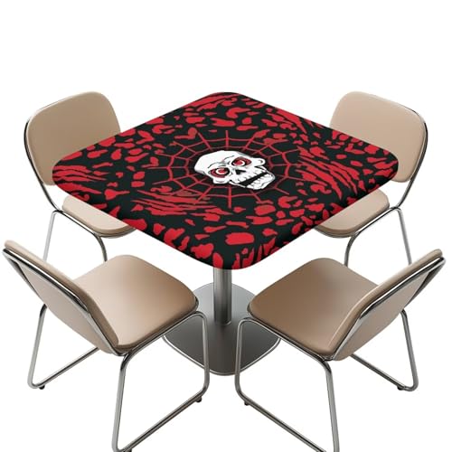 YUDINGFIN Quadratische Halloween-Tischdecke, Skelett-Tischdecke, waschbar, Polyestergewebe, rot, schwarz, rutschfest, staubdicht, für Party, Geburtstag, Urlaub, Abendessen von YUDINGFIN