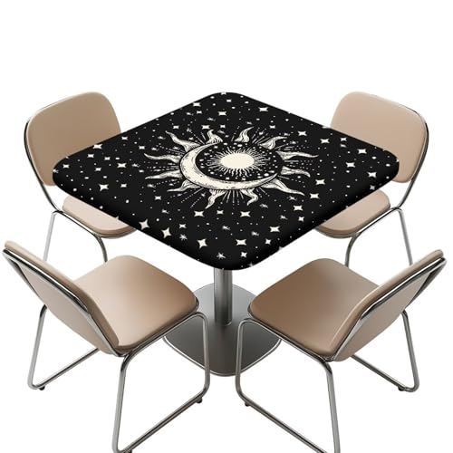 YUDINGFIN Schwarze quadratische Tischdecke, rutschfeste Mond-Tischdecke, waschbares Polyestergewebe, leicht zu reinigen, Stern-Tischdecken, abwischbar für Party, Geburtstag, Urlaub, Abendessen von YUDINGFIN