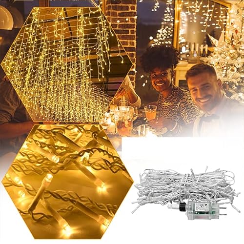YUENFONG LED Lichtervorhang Lichterkette Eisregen 15M 600 LEDs Lichterketten 8 Modi mit Stecker IP44 Wasserdicht, für Weihnachtsbeleuchtung Hochzeit Garten Dekoration(15M, Warmweiß) von YUENFONG
