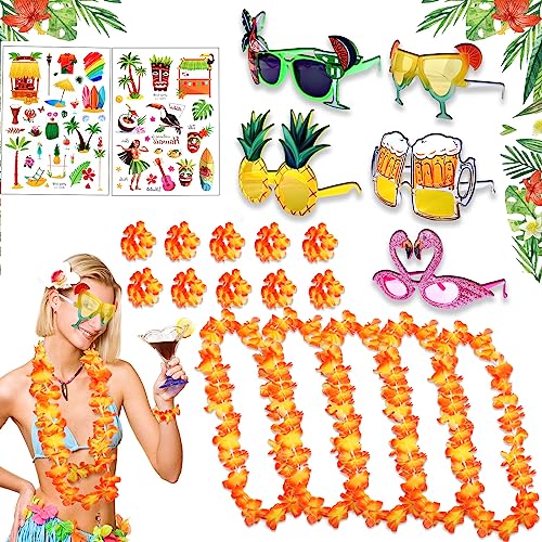 YUEONEWIN Hawaii Party Kostüm Set 22 St Hawaii Deko mit 5 Hawaii Kette Blumen 5 Tropical Sonnenbrille 10 Armbänder 2 Aufkleber Faschingskostüme für Tropische Beachparty Deko Hawaiian Strandurlaub von YUEONEWIN