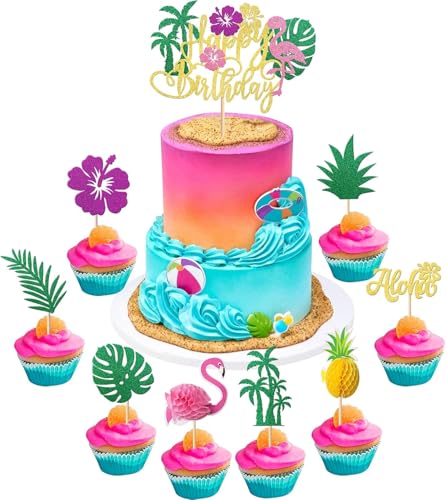 Flamingo Tortendeko, 25pcs Hawaii Kuchendekoration Set, Tropical Cake Topper, Hawaii Cake Topper, Flamingo Cupcake Topper, Sommer Cupcake Deko Tortendeko, 3D Flamingo Torten Topper von YUEXNKO