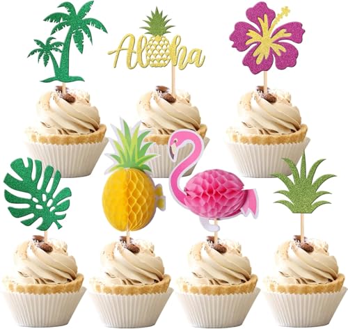 Flamingo Tortendeko, 28pcs Hawaii Kuchendekoration Set, Tropical Cake Topper, Hawaii Cake Topper, Flamingo Cupcake Topper, Sommer Cupcake Deko Tortendeko, 3D Flamingo Torten Topper von YUEXNKO