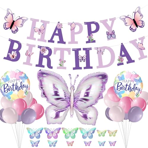Lila Schmetterlings Geburtstagdeko,34PCS Schmetterling Deko Geburtstag Mädchen Set,Schmetterlings Folienballon,Wiederverwendbare Schmetterling Geburtstagsdeko in Lila für Dekoration von Geburtstagen von YUEXNKO