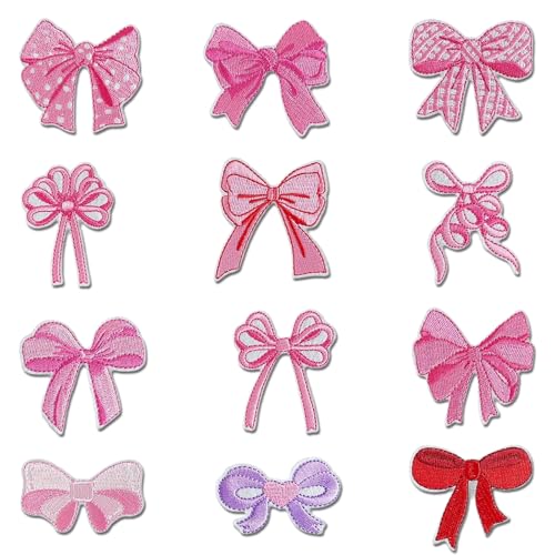 Schleifen Patches, 12pcs Rosa Bestickte Flicken, Schleifenflickenaufkleber, Kinder Bügelflicken, Flicken zum Aufbügeln Rosa, Bügelbilder Aufnäher, Schleife Stoffflicken Patches von YUEXNKO