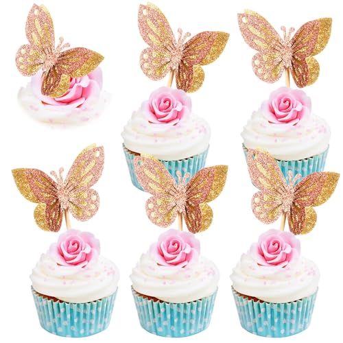 Schmetterlinge Tortendeko Mädchen, 12 Stück Cake Topper Schmetterling, Kuchen Topper Glitzer, Torten Deko Geburstag, Schmetterlinge Kuchen Deko, für Babyparty, Kindergeburtstag, Hochzeit von YUEXNKO