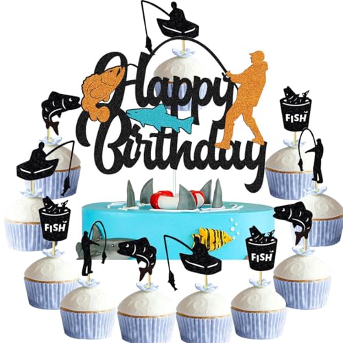 Fisch Angeln Kuchen Dekoration,13 Stücke Happy Birthday Tortendeko Fische Angeln Kuchen Deko Geburtstag, Angler Cake Topper für Kuchen DIY Deko für Jungen Mann Geburtstagsparty Kuchen Dekoration von YUEcthynous