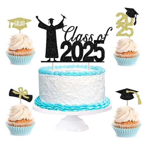 Tortenaufsatz, schwarzer und goldener Glitzer,5 Stile Cupcake Topper zum Schulabschluss 2025, Abschlusskuchen-Dekorationen von 2025, Kuchentopper, Abschlusskuchentopper, Klasse mit Abschlusskappe Tortenaufsatz, schwarzer und goldener Glitzer,5 Stile Cupcake Topper zum Schulabschluss 2025, Abschlusskuchen-Dekorationen von 2025, Kuchentopper, Abschlusskuchentopper, Klasse mit Abschlusskappe von YUEcthynous