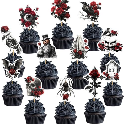 YUEcthynous 12 Stück Halloween Kuchen Dekorationen Grabsteine Cupcake Skelett Spinnen Friedhof Cupcake Toppers Grabstein Kuchen Toppers für Halloween Party Zubehör,12 Gotische Stile von YUEcthynous
