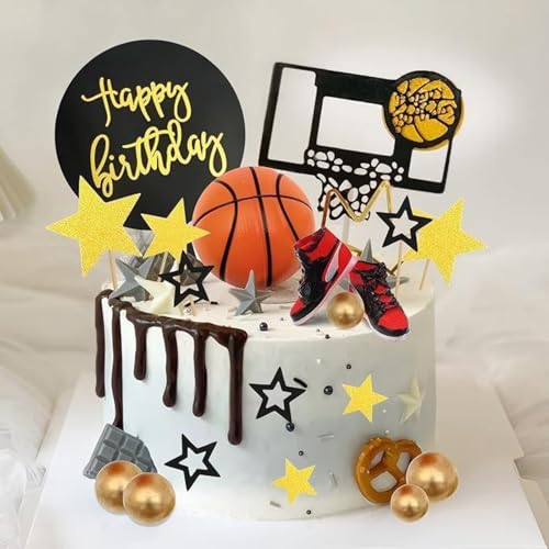YUEcthynous 21 Stück Basketball-Kuchendekoration,Goldener Fünfeckster,Sportschuhe,2 Black Glitter Basketball Cake Topper,Basketball-SzeneThemen geburtstag Partydekoratione von YUEcthynous