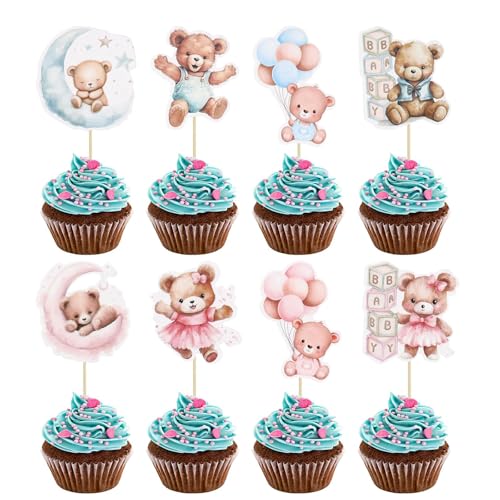 YUEcthynous Bären Cupcake Topper,12 Stück Babyparty Tortendeko Taufe Junge Mädchen,Dusche DIY Kuchen Kugeln Dekoration für Geburtstagsfeier für Kinder Bär Baby Dusche Kuchen Dekor von YUEcthynous