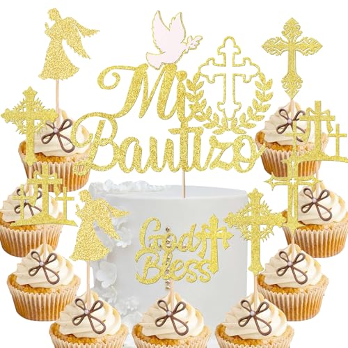 YUEcthynous Kommunion Cake Topper,13 Stück Erste Heilige Kommunion Tortendeko,Taube und Kreuz,Heiliger Geist,für Kuchen DIY Deko Babytaufe-Goldglitzer Party Cake Decorations Supplies von YUEcthynous