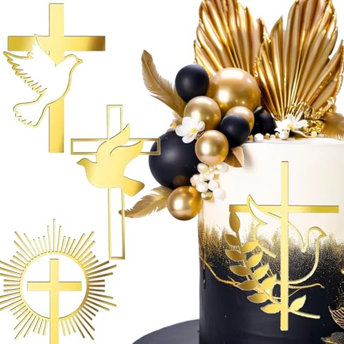 YUEcthynous Kommunion Cake Topper,4 Stück Erste Heilige Kommunion Tortendeko,Acryl Goldglitzer Taube und Kreuz,Heiliger Geist,für Kuchen DIY Deko Babytaufe-Goldglitzer Party Cake Decorations Supplies von YUEcthynous