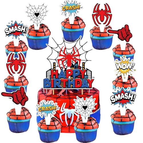 YUEcthynous Spinne Web Kuchen Dekorationen,13 Stück City Hero Kuchen Dekoration Kuchen Deko Kindergeburtstag Hero Tortendeko für Mädchen,Junge,Geburtstagsfeier Spinne Kuchen Topper von YUEcthynous