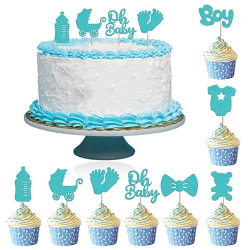 32 Stück Cupcake Topper Oh Baby Cake Topper Blau Babyparty Tortendeko Cupcake Deko mit Flaschen Kleidung Bären Andere Muster für Geburtstag Gender Reveal Party Babyparty Deko von YUFFQOPC