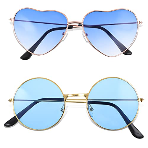 YUFFQOPC 2 Stück Herzbrille,Herz Sonnenbrille Hippie Herzförmige Brille Hippie Brille Retro Sonnenbrille Vintage Rundbrille Farbige Gläser für Hippie Kostüm,Party,Alltag,Foto Requisiten von YUFFQOPC