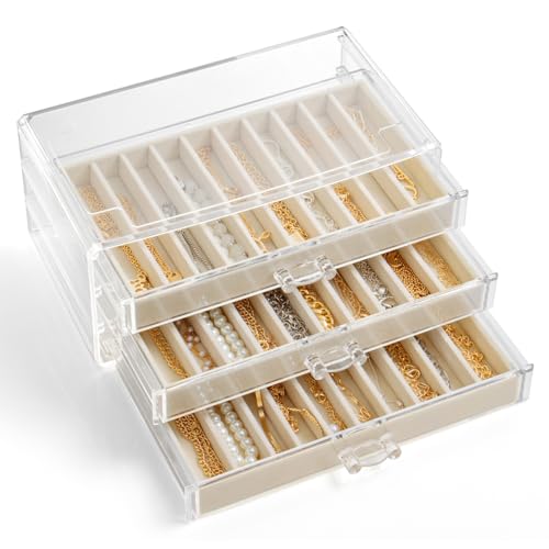 YUFONG Armband-Organizer-Box, staubdicht, Armbandhalter, Organizer, transparent, stapelbar, Schmuckbox aus Samt, Schmuck-Displays für Ketten, Armbänder, Anhänger (Beige, 3 Schubladen) von YUFONG