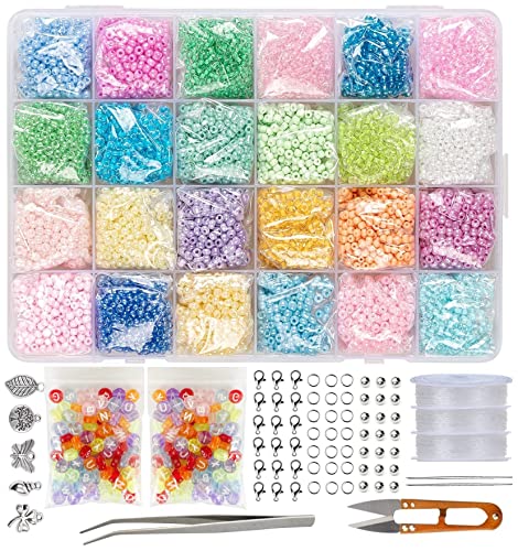 YUHIAKE Perlen zum Auffädeln Pastell 3mm 12000 Stück in 24 Farben, Perlen mit Buchstaben 200 Stück, Glasperlen Set für Kinder Erwachsene Schmuck Ringe Ketten Armbänder von YUHIAKE