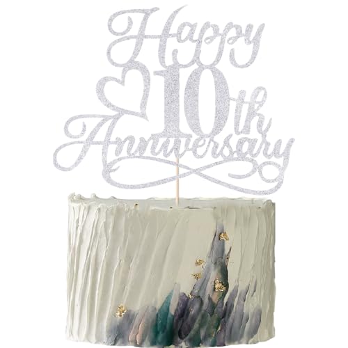 YUINYO Glitzernde Kuchendekoration zum 10. Hochzeitstag, Party-Dekoration, 10. Hochzeitstag, Firmenjubiläum, Geburtstagsparty-Dekorationen (Silber, 10) von YUINYO