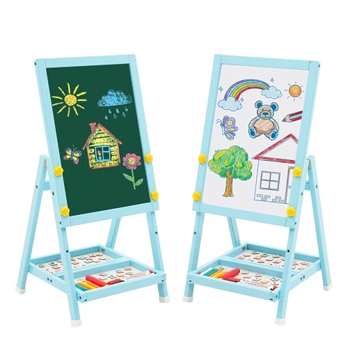 Kindertafel aus Holz, Art Easel Mini Blau Doppelseitige Whiteboard und Tafel Kinder Staffelei mit Zahlen und Anderem Zubehör für Kinder und Kleinkinder von YULEYU