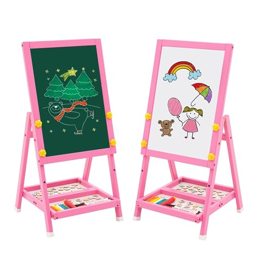 Kindertafel aus Holz, Mini Rosa Doppelseitige Art Easel Whiteboard und Tafel Kinder Staffelei mit Zahlen und Anderem Zubehör für Kinder und Kleinkinder von YULEYU