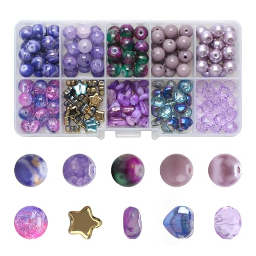 200 Stück Crackle Glasperlen zum Basteln, Marmor Effekt Perlen, 8mm Glasperlen, Runde Bastel Lose Perlen, Bunt Bastelperlen, für Schmuckherstellung & DIY Handwerk Dekor (Violett) von YULIAO