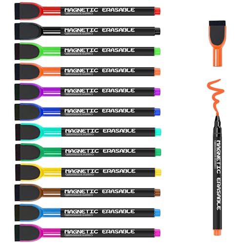 YUMIPDD 12 Stück Whiteboard Stifte, Magnetisch Whiteboard Marker Set, 2 in 1 Trocken Abwischbare Marker Schwamm mit Stifte, Ideal für Büro Schule Homeoffice, Rundspitze Folienstift 1-2mm (12 Farben) von YUMIPDD