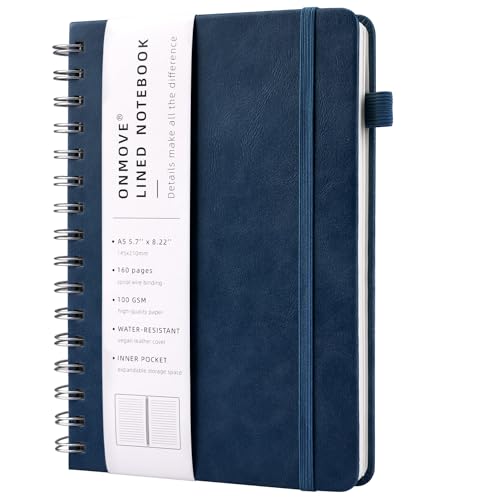 YUNAI Notizbuch A5 Spiralbindung, Notizblock Liniert 160 Seiten, PU Leder Hardcover Journal Buch, 100gsm Tintenfestes Papier, Elastisch Gebändert, Innentasche für Schule Arbeit Zeichnen, Blau von YUNAI