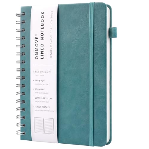YUNAI Notizbuch A5 Spiralbindung, Notizblock Liniert 160 Seiten, PU Leder Hardcover Journal Buch, 100gsm Tintenfestes Papier, Elastisch Gebändert, Innentasche für Schule Arbeit Zeichnen, Cyan von YUNAI