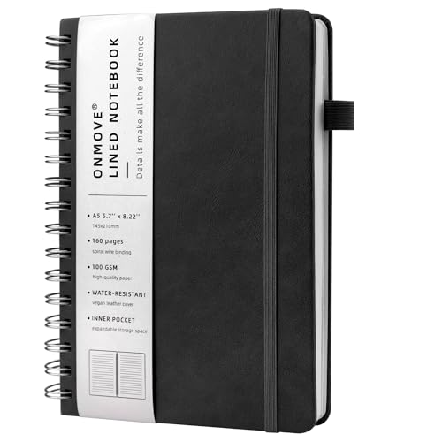 YUNAI Notizbuch A5 Spiralbindung, Notizblock Liniert 160 Seiten, PU Leder Hardcover Journal Buch, 100gsm Tintenfestes Papier, Elastisch Gebändert, Innentasche für Schule Arbeit Zeichnen, Schwarz von YUNAI