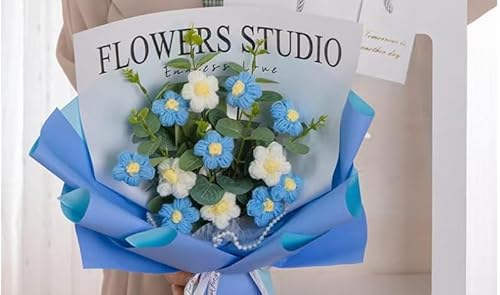YUNBIAOSEN Fertige Häkelblumen Handgemachte Gestrickte Blumenstrauß Häkelstrauß Kit Gestrickte Gefälschte Puffblume, Geschenk für Mutter Frau zum Geburtstag Jubiläum (Blau) von YUNBIAOSEN