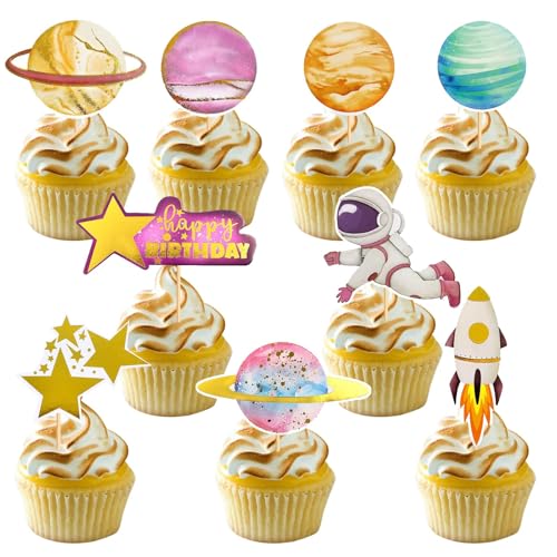 36 Stück Astronaut Cupcake Topper,Weltraum Cupcake Toppers,Planeten Cupcake Toppers, Astronaut Kuchen Dekorieren, Muffin Topper Raum Raketen Sterne für Junge Mädchen von YUNHENTONG