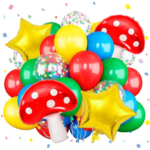 Bunte Luftballons Geburtstag, 29 Stück Helium Luftballons Voller Energie, Rot Blau Gelb Grün Party Luftballons Pilz Stern Folienballon Bunt Latexballons für Partydekorationen von YUNHENTONG