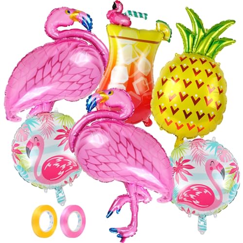 Flamingo Folienballons, 6 Stück Luftballons Hawaii Party Deko, Rosa Flamingo Ballon, Tropischer Ananas Getränkebecher Luftballon Helium für Sommer Pool Strand Geburtstags Party Dekorationen von YUNHENTONG